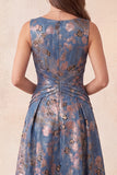 Robe formelle longue longue à col rond et froncés jaququard marine A-Line