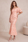 Robe formelle Midi froncée à paillettes sirène pêche avec manches flottantes