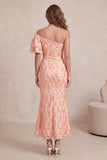 Robe formelle Midi froncée à paillettes sirène pêche avec manches flottantes