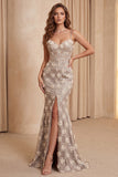 Champagne Sirène à paillettes, robe longue à bretelles fines florales