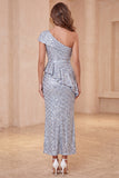 Robe formelle midi à volants à une épaule en forme de sirène bleu poussiéreux