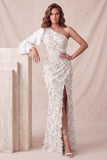 Une épaule à fleurs gris clair sirène à paillettes, longue robe formelle avec fente