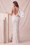 Une épaule à fleurs gris clair sirène à paillettes, longue robe formelle avec fente