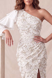 Une épaule à fleurs gris clair sirène à paillettes, longue robe formelle avec fente
