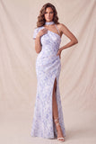 Robe formelle longue à fronces en chiffon lilas fleurie de sirène avec fente