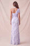 Robe formelle longue à fronces en chiffon lilas fleurie de sirène avec fente