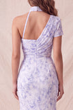 Robe formelle longue à fronces en chiffon lilas fleurie de sirène avec fente
