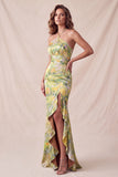 Robe longue de cérémonie longue à fleurs à col nu à col nu et sirène à volants