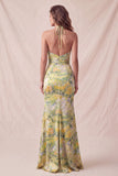 Robe longue de cérémonie longue à fleurs à col nu à col nu et sirène à volants