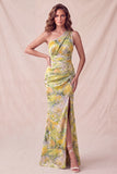 Robe formelle longue à fronçons jaune à une épaule en forme florale et fente