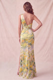 Robe formelle longue à fronçons jaune à une épaule en forme florale et fente