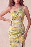 Robe formelle longue à fronçons jaune à une épaule en forme florale et fente