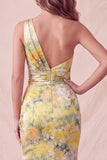 Robe formelle longue à fronçons jaune à une épaule en forme florale et fente