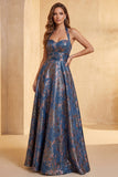 Longue tenue formelle longue à fleurs A-Line de la marine Jacquard