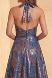 Longue tenue formelle longue à fleurs A-Line de la marine Jacquard
