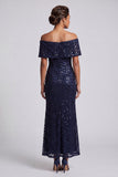 Robe midi midi de la mère de la mariée avec des paillettes scintillantes en sirène marine