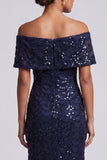 Robe midi midi de la mère de la mariée avec des paillettes scintillantes en sirène marine