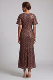 Sirène bleu marine scintillante Manches flottantes Sequins Robe midi de la mère de la mariée avec fente