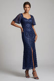 Sirène bleu marine scintillante Manches flottantes Sequins Robe midi de la mère de la mariée avec fente