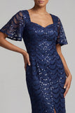 Sirène bleu marine scintillante Manches flottantes Sequins Robe midi de la mère de la mariée avec fente
