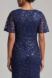 Sirène bleu marine scintillante Manches flottantes Sequins Robe midi de la mère de la mariée avec fente