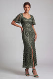 Sirène bleu marine scintillante Manches flottantes Sequins Robe midi de la mère de la mariée avec fente