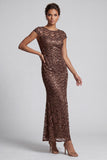 Robe midi de la mère de la mariée à manches scintillantes scintillantes de la sirène marine à col rond