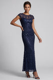 Robe midi de la mère de la mariée à manches scintillantes scintillantes de la sirène marine à col rond