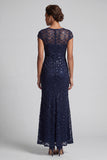 Robe midi de la mère de la mariée à manches scintillantes scintillantes de la sirène marine à col rond