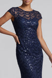 Robe midi de la mère de la mariée à manches scintillantes scintillantes de la sirène marine à col rond