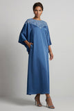 Robe midi midi Blue Hand Of the Bride à col rond à fourreau bleu avec paillettes