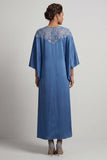 Robe midi midi Blue Hand Of the Bride à col rond à fourreau bleu avec paillettes