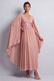 Robe midi Mother Of the Bride en chiffon en chiffon bleu ciel à col en V avec manches de cape