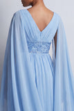 Robe midi Mother Of the Bride en chiffon en chiffon bleu ciel à col en V avec manches de cape