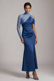 Robe de la mère de la mariée sirène bleue à col montant et fête