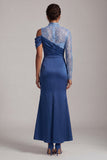 Robe de la mère de la mariée sirène bleue à col montant et fête