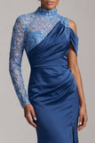Robe de la mère de la mariée sirène bleue à col montant et fête