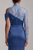 Robe de la mère de la mariée sirène bleue à col montant et fête