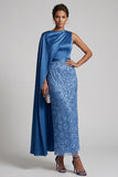 Robe midi de la mère de la mariée à col rond bleue à paillettes