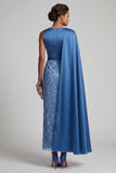 Robe midi de la mère de la mariée à col rond bleue à paillettes