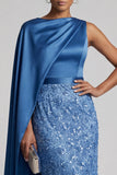 Robe midi de la mère de la mariée à col rond bleue à paillettes