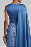 Robe midi de la mère de la mariée à col rond bleue à paillettes