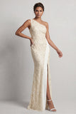 Robe longue de la mère de la mariée bleu poussiéreux à paillettes à une épaule