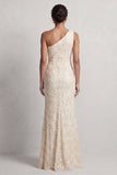Robe longue de la mère de la mariée bleu poussiéreux à paillettes à une épaule