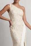 Robe longue de la mère de la mariée bleu poussiéreux à paillettes à une épaule