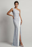 Robe longue de la mère de la mariée bleu poussiéreux à paillettes à une épaule