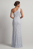 Robe longue de la mère de la mariée bleu poussiéreux à paillettes à une épaule