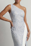 Robe longue de la mère de la mariée bleu poussiéreux à paillettes à une épaule