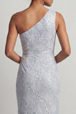 Robe longue de la mère de la mariée bleu poussiéreux à paillettes à une épaule