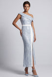 Robe midi de la mère de la mariée à une épaule Sequins bleu poussiéreux